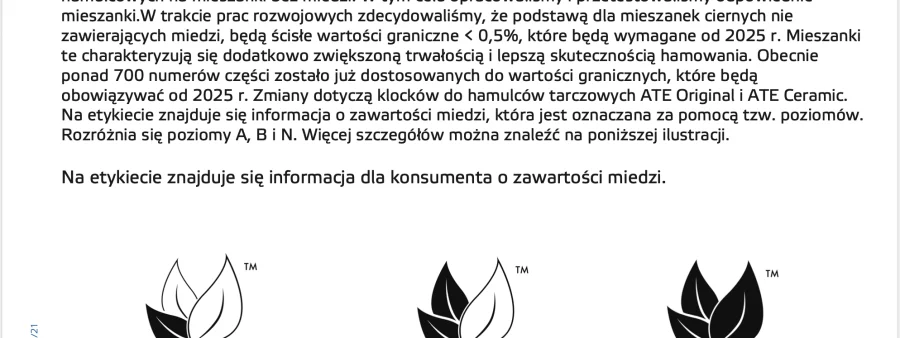 Podgląd noty: Informacja o wprowadzeniu bezmiedziowych klocków do hamulców tarczowych